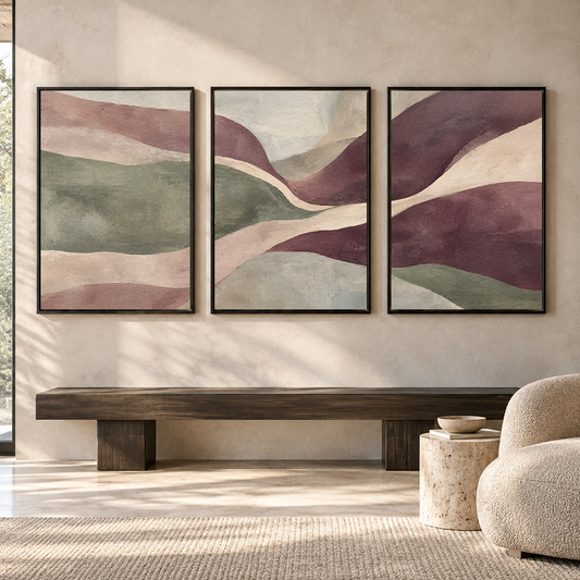 Plum Sage Flowing Abstract Canvas Wall Art Set of 3
