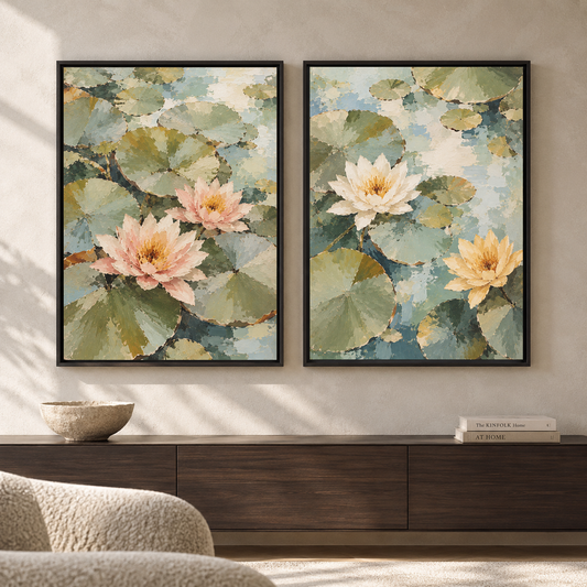 Water Lily Pond Canvas Wall Art Set of 2 for Calm Interiors