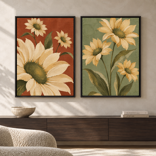 Terracotta and Sage Green Sunflower Canvas Wall Art Set of 2