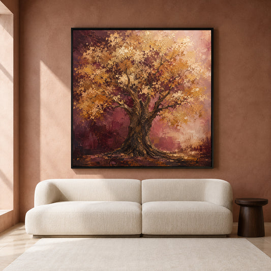 Golden Tree of Abundance Burgundy Vastu Canvas Wall Art