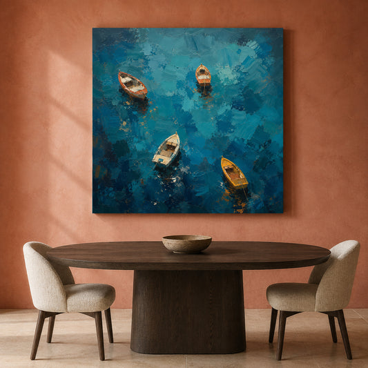 Floating Boats on Deep Blue Water Textured Coastal Canvas Wall Art
