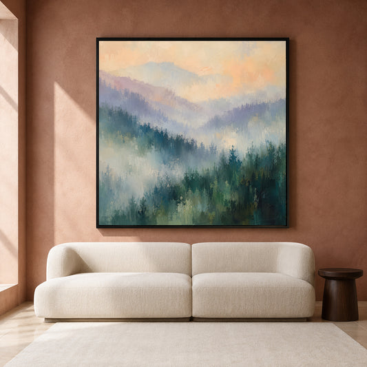 Misty Mountain Forest Abstract Canvas Art with Soft Textured Landscape
