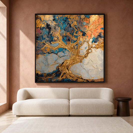 Golden Tree Abstract Canvas Art with Rich Textures
