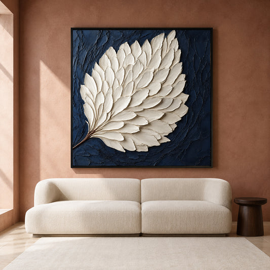 Ivory Feather on Midnight Blue Textured Modern Canvas Wall Art