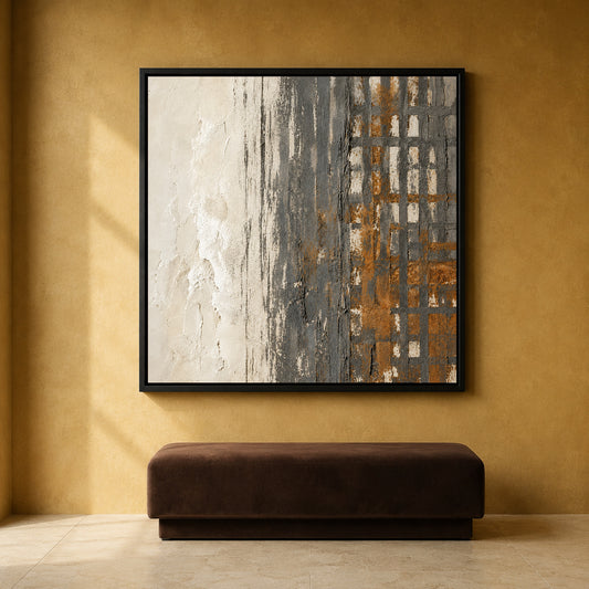 Neutral Geometric Abstract Canvas Art with Charcoal and Ochre Texture