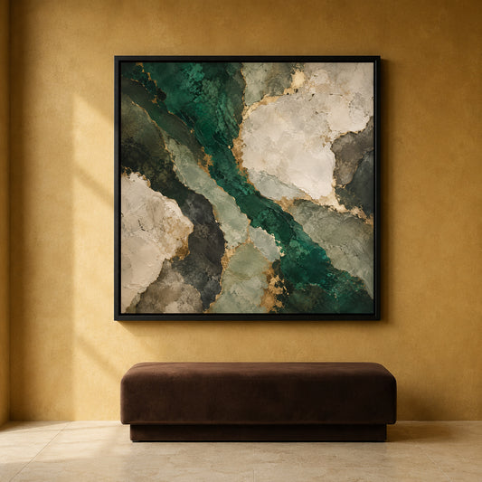 Emerald Green Abstract Canvas Art with Ivory Stone Shapes