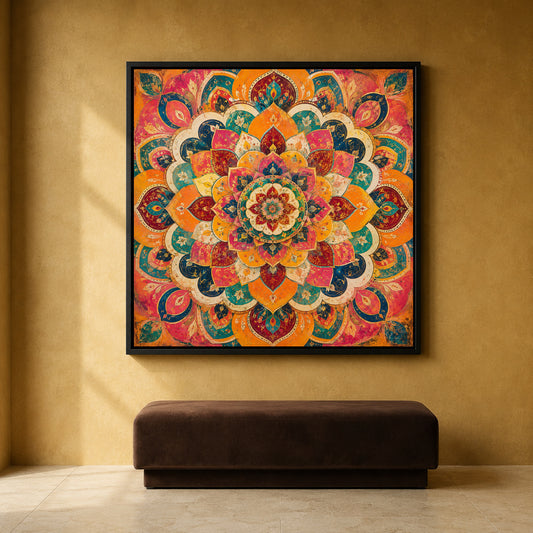 Vibrant Indian Mandala Canvas Art with Ornate Lotus Floral Pattern