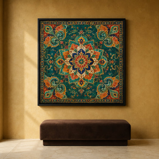 Teal Indian Mandala Canvas Art with Vintage Floral Paisley Ornament
