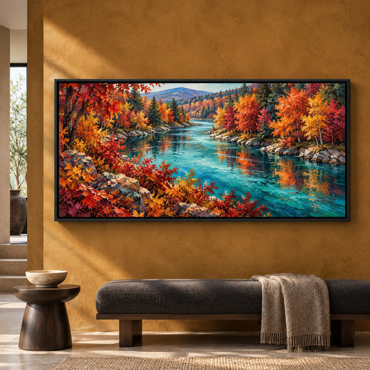 Autumn River Landscape Panoramic Textured Canvas Art