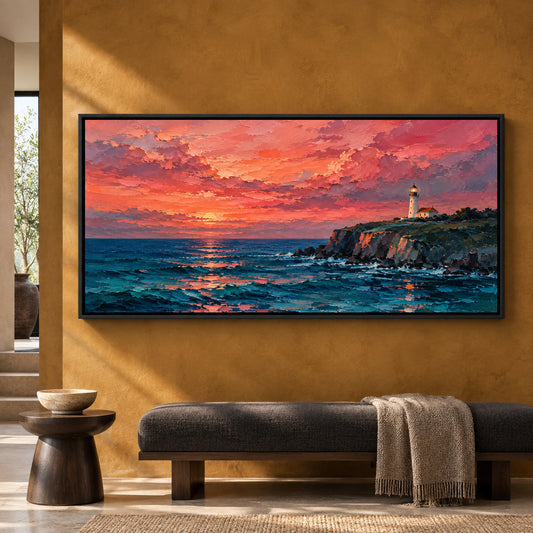 Sunset Lighthouse Seascape Panoramic Canvas Wall Art