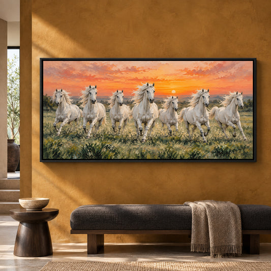 White Horses at Sunset Panoramic Textured Canvas Art
