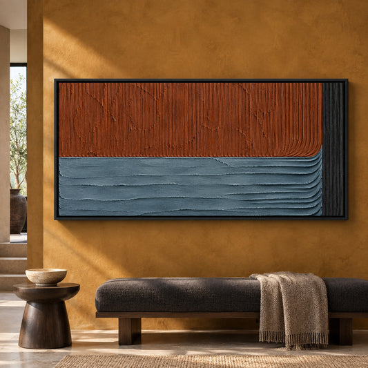 Terracotta and Slate Blue Textured Geometric Canvas Art