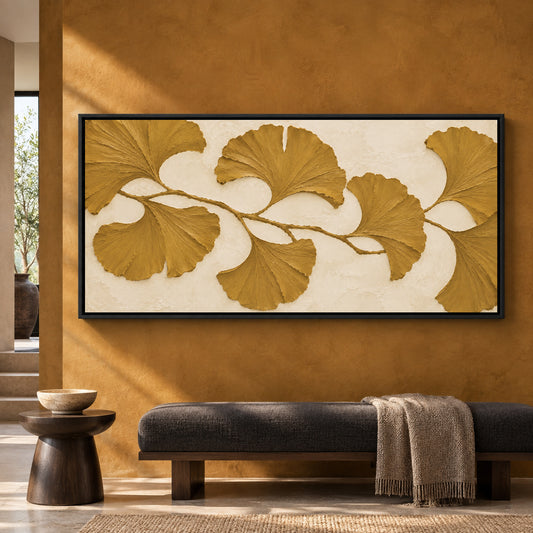 Golden Ginkgo Leaves Textured Botanical Canvas Art