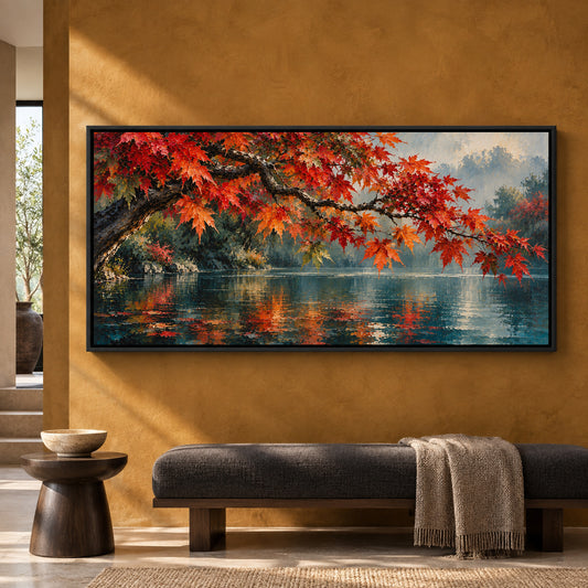 Autumn Maple Over Tranquil Lake Panoramic Canvas Art