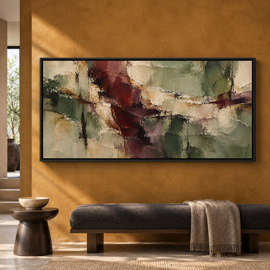 Sage and Burgundy Textured Abstract Panoramic Canvas Art