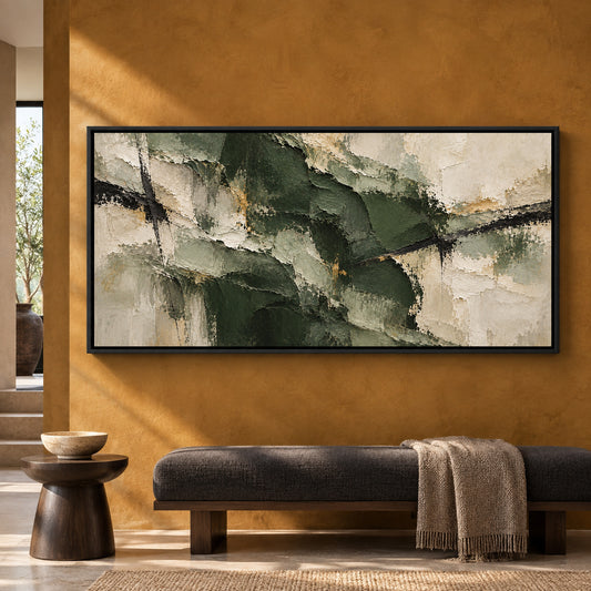 Forest Green and Ivory Textured Abstract Panoramic Canvas Art