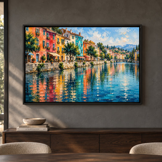 Colorful Riverside Village Textured European Canvas Art