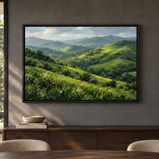 Verdant Mountain Valley Textured Landscape Canvas Art