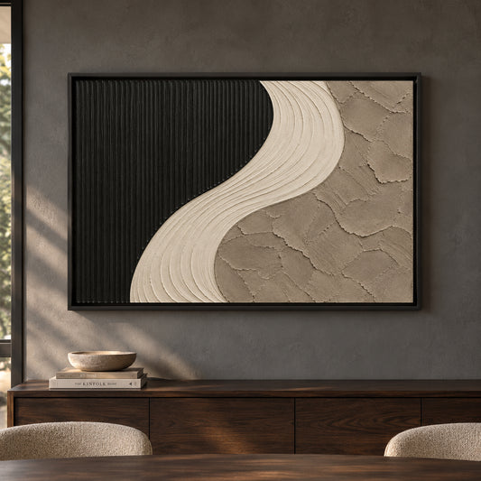 Black and Ivory Curved Textured Abstract Canvas Art