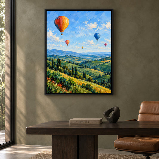 Hot Air Balloons Over Tuscan Hills Textured Landscape Canvas Art