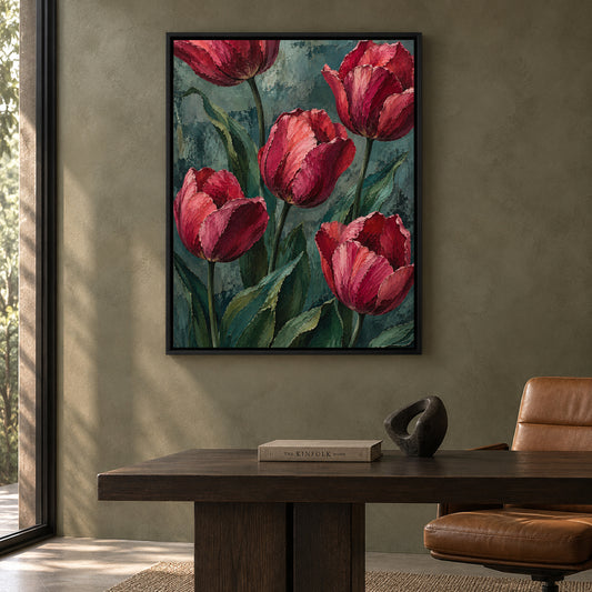 Crimson Tulips Textured Botanical Canvas Art