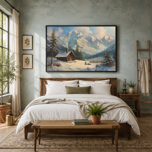 Snow Mountain Cabin Canvas Wall Art