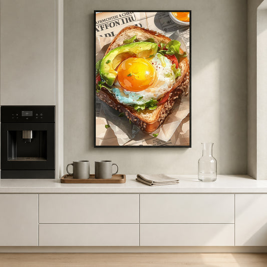 A framed wall art print depicting a close-up food scene of avocado toast with a fried egg, displayed above a kitchen counter in a modern kitchen setting.