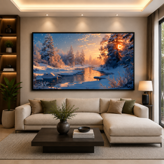 Winter Sunset River Landscape Canvas Wall Art for Elegant Interiors