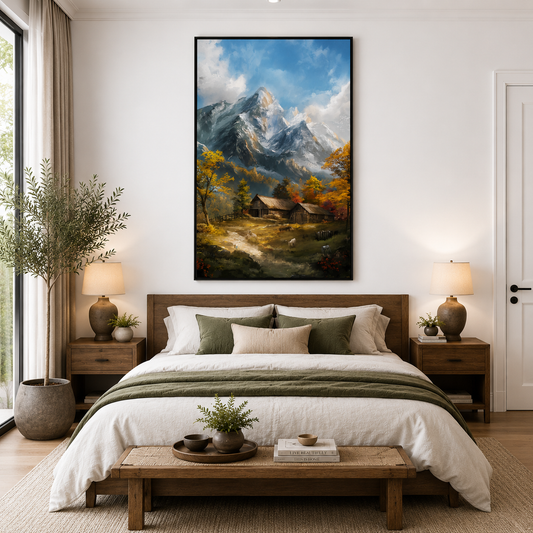 Mountain Cabin Landscape Canvas Wall Art