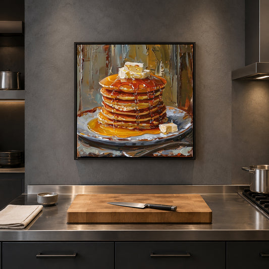 A framed canvas painting of a tall stack of pancakes with syrup, butter, and whipped topping, displayed on a dark gray kitchen wall above a stainless steel counter with a wooden cutting board and knife.
