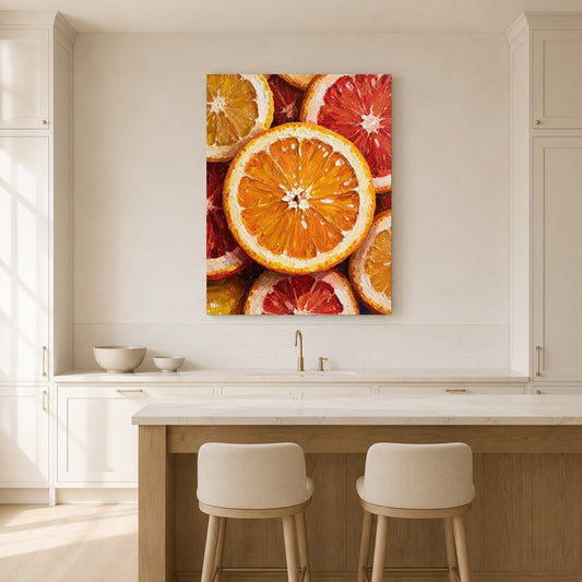 A vertical canvas wall art print featuring a close-up pattern of sliced citrus fruits, including a large orange and red grapefruit slices, displayed on a light beige wall in a modern kitchen setting above a white marble island and two bar stools.