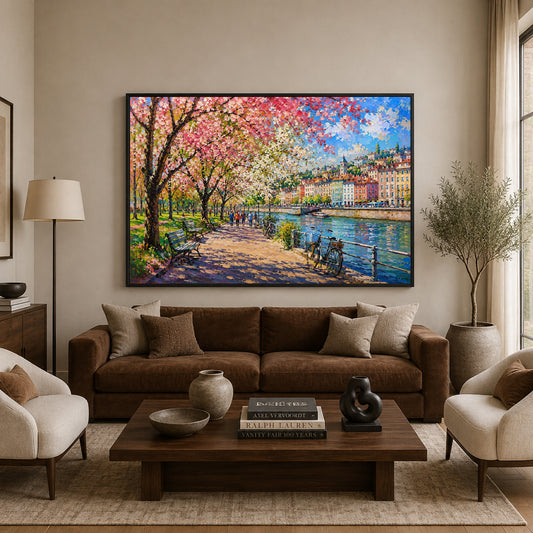 Spring Riverside Promenade European Cityscape Canvas Wall Art