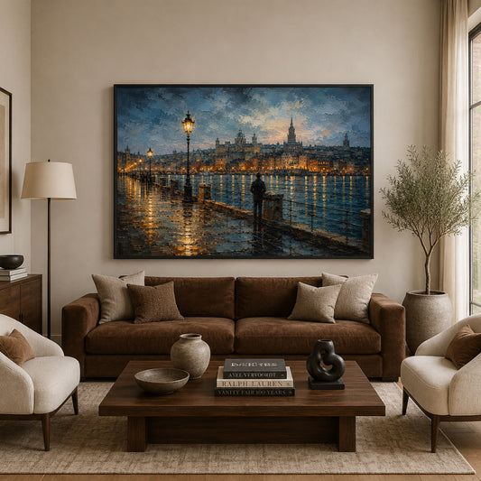 European Riverside City at Dusk Canvas Wall Art