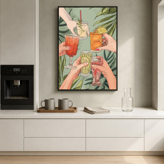 A framed wall art print depicting four hands raising colorful cocktails with palm leaves, displayed above a kitchen counter in a modern kitchen setting.