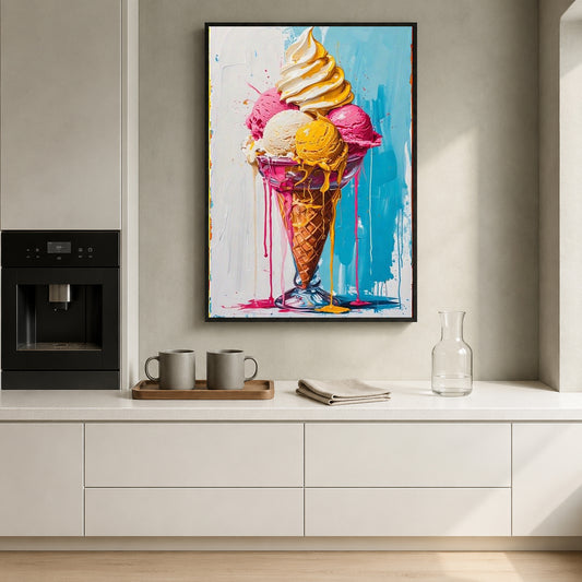 A framed vertical canvas print of a colorful ice cream cone painting hanging on a light gray wall above a white kitchen counter with mugs and a glass carafe.
