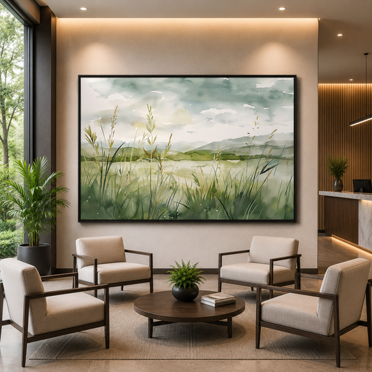 Watercolor Lakeside Meadow Canvas Wall Art