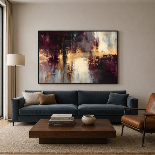 Burgundy and Gold Abstract Canvas Art with Ivory Accents
