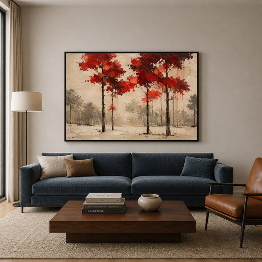 Crimson Canopy Modern Forest Landscape Canvas Art
