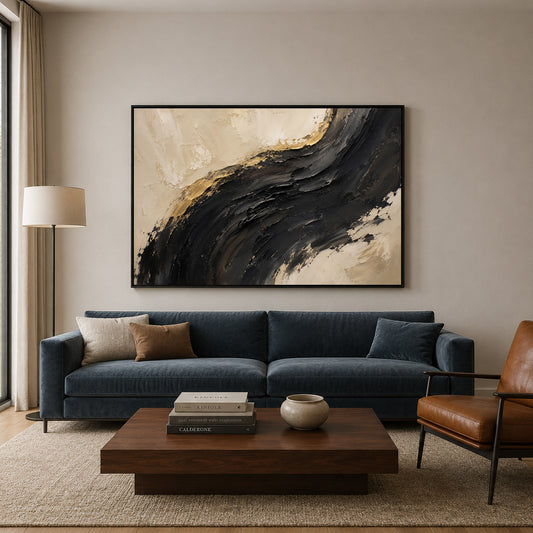 Midnight Arc Black Gold Textured Abstract Canvas Art