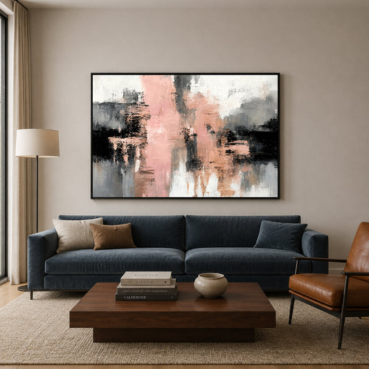 Blush Pink and Black Abstract Canvas Art with Grey Accents