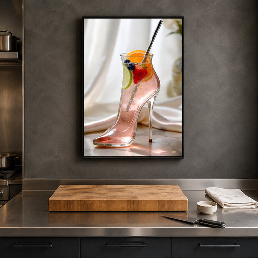 A framed wall art print hangs on a dark gray kitchen wall above a stainless steel counter. The print shows a pink high-heeled boot filled with a pink drink garnished with fruit and a straw.