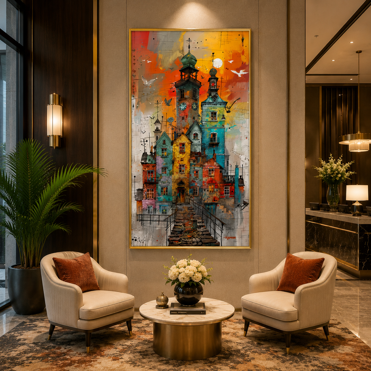 Colorful Fantasy Town Vertical Canvas Wall Art Painting