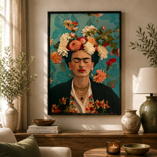 Frida Kahlo Inspired Floral Portrait Wall Art Canvas Painting