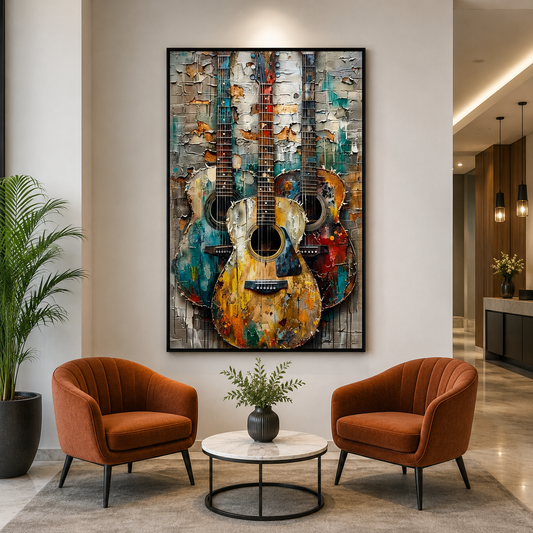 Rustic Acoustic Guitar Canvas Wall Art Vintage Music Painting Decor