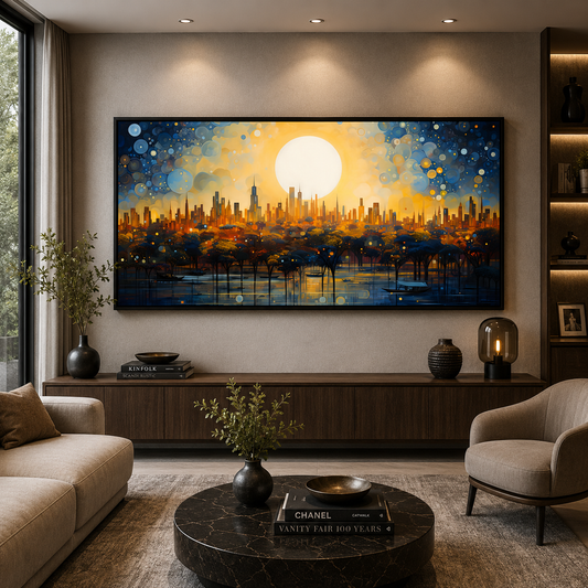 Golden Moon Cityscape Abstract Canvas Wall Art Painting