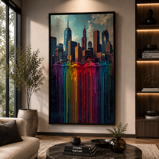 Modern Dripping City Skyline Vertical Canvas Wall Art