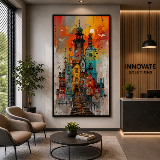Colorful Fantasy Town Vertical Canvas Wall Art Painting