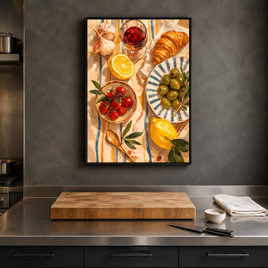 A framed wall art print depicting a colorful still life of food items including lemons, olives, tomatoes, garlic, and a croissant, displayed on a dark gray kitchen wall above a wooden cutting board.