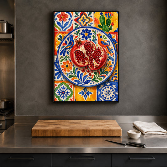 Mediterranean Pomegranate Wall Art with Colorful Spanish Tiles