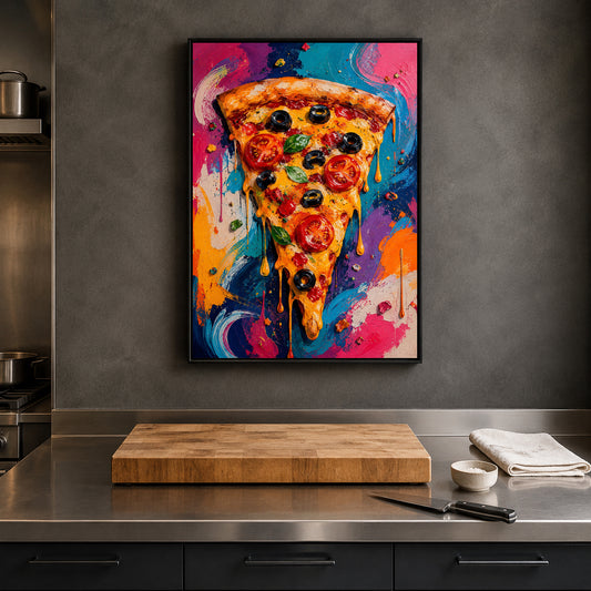 A framed colorful painting of a single slice of pizza hanging on a dark gray kitchen wall above a stainless steel countertop with a wooden cutting board, knife, and folded cloth.